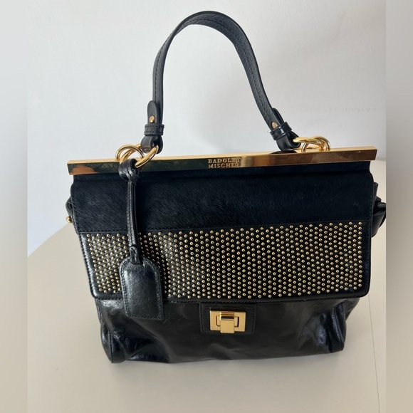 Badgley Mischka Black Patent Leather Calf Hair Gold Hardware Hand Bag - Picture 2 of 13